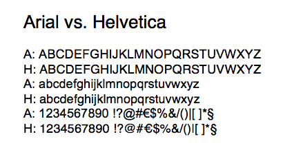 Kuva: Arial- ja Helvetica-fonttien vertailua.